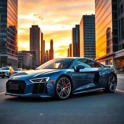 A striking combination car that merges the sleek, aerodynamic design of an Audi R8 with the sporty, aggressive characteristics of a BMW M3