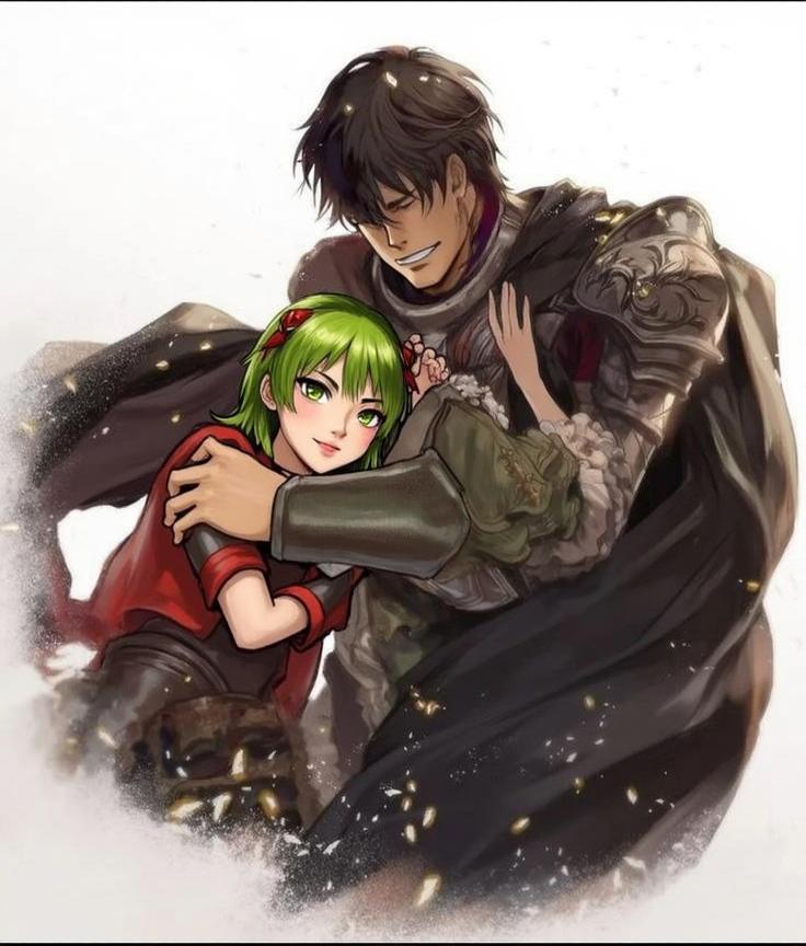 A romantic scene featuring a knight in ornate armor embracing a girl with vibrant green hair and striking green eyes