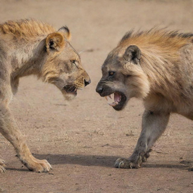 A gripping face-off between a mighty lion and a cunning hyena, both poised and ready to strike.