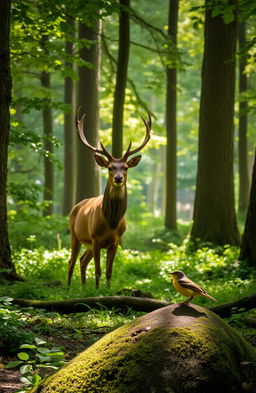A serene scene in a lush green forest featuring a majestic stag standing gracefully among tall trees, while nearby, a charming yellow wagtail is perched on a mossy rock