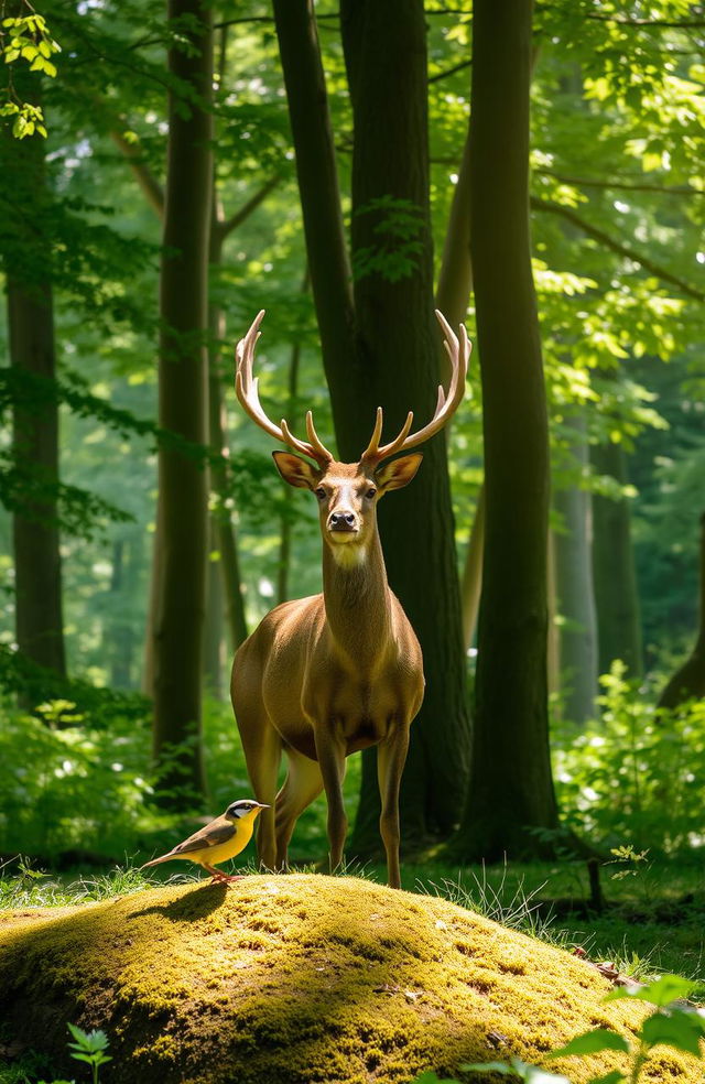 A serene scene in a lush green forest featuring a majestic stag standing gracefully among tall trees, while nearby, a charming yellow wagtail is perched on a mossy rock