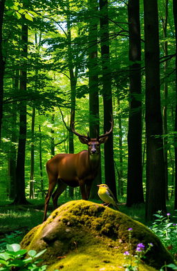 A serene scene in a lush green forest featuring a majestic stag standing gracefully among tall trees, while nearby, a charming yellow wagtail is perched on a mossy rock