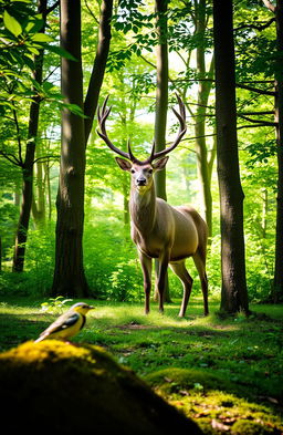 A serene scene in a lush green forest featuring a majestic stag standing gracefully among tall trees, while nearby, a charming yellow wagtail is perched on a mossy rock