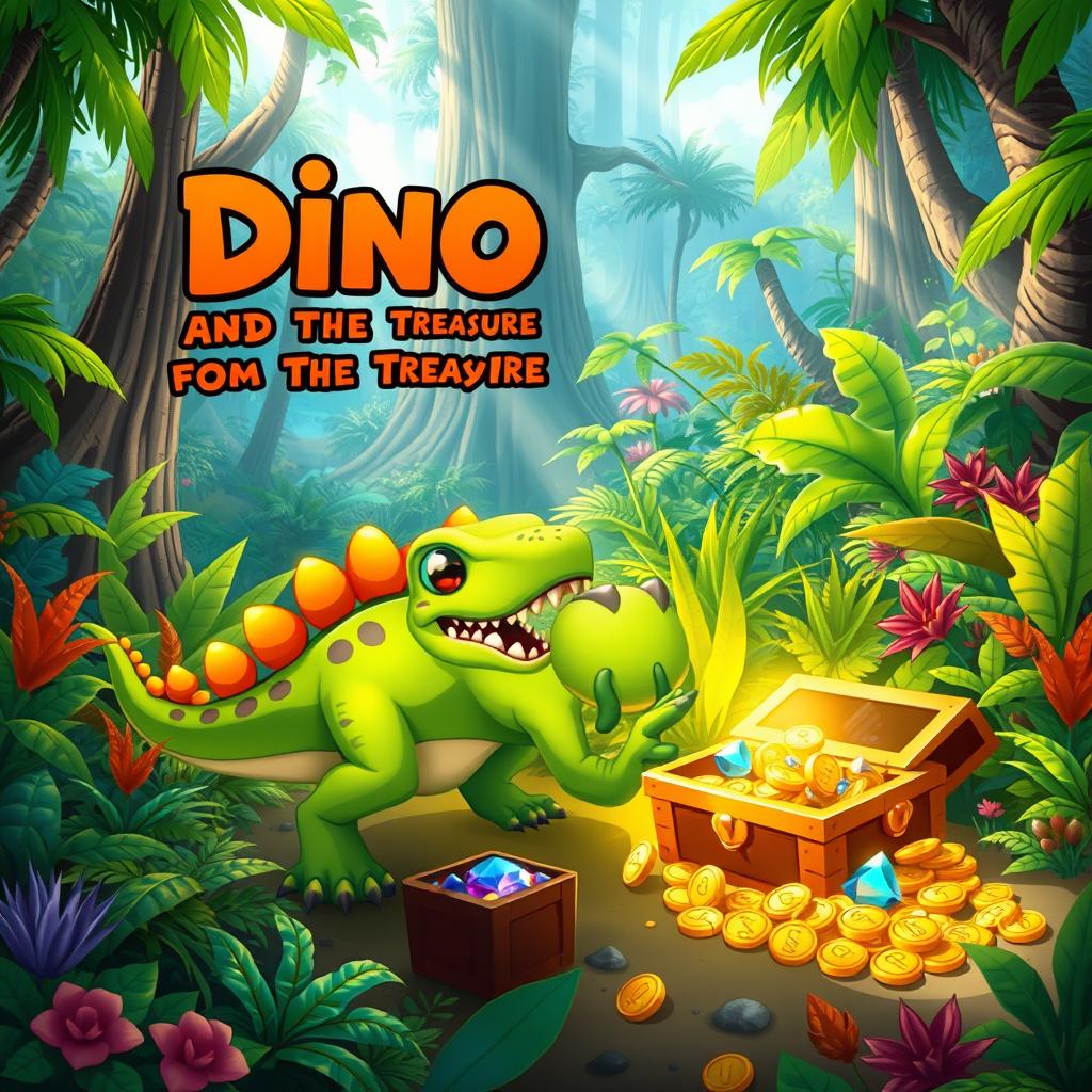 An adventurous scene titled 'Dino and the Lost Treasure', featuring a vibrant, cartoon-style dinosaur exploring a lush, prehistoric jungle filled with colorful plants and towering trees