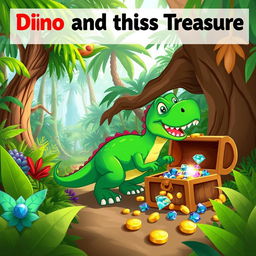 An adventurous scene titled 'Dino and the Lost Treasure', featuring a vibrant, cartoon-style dinosaur exploring a lush, prehistoric jungle filled with colorful plants and towering trees