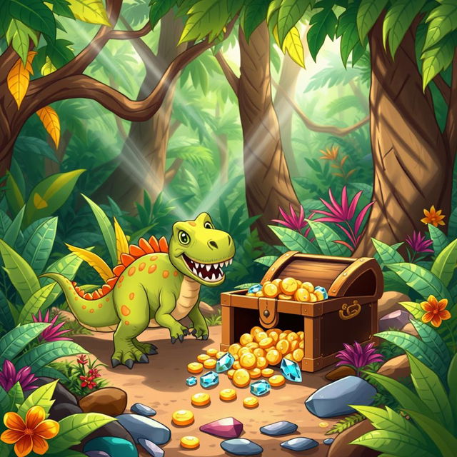 An adventurous scene titled 'Dino and the Lost Treasure', featuring a vibrant, cartoon-style dinosaur exploring a lush, prehistoric jungle filled with colorful plants and towering trees