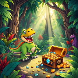 An adventurous scene titled 'Dino and the Lost Treasure', featuring a vibrant, cartoon-style dinosaur exploring a lush, prehistoric jungle filled with colorful plants and towering trees