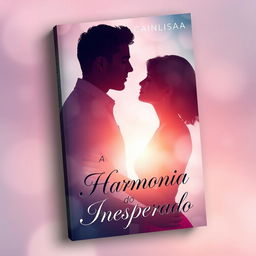 A book cover for 'A Harmonia do Inesperado', featuring a man and a woman embraced in a romantic pose, almost kissing
