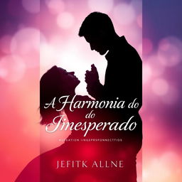 A book cover for 'A Harmonia do Inesperado', featuring a man and a woman embraced in a romantic pose, almost kissing