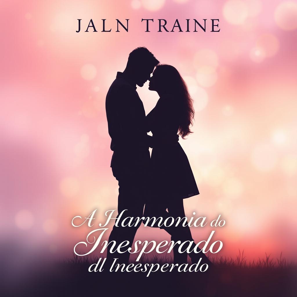 A book cover for 'A Harmonia do Inesperado', featuring a man and a woman embraced in a romantic pose, almost kissing