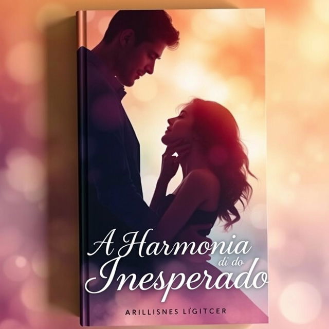 A book cover for 'A Harmonia do Inesperado', featuring a man and a woman embraced in a romantic pose, almost kissing