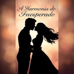 A book cover for the title 'A Harmonia do Inesperado', featuring a shadowy silhouette of a man and a woman embracing, almost kissing