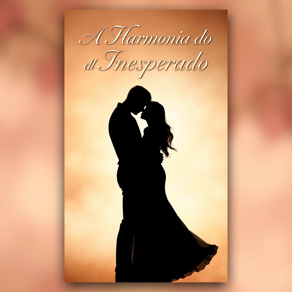 A book cover for the title 'A Harmonia do Inesperado', featuring a shadowy silhouette of a man and a woman embracing, almost kissing