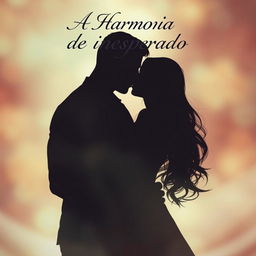 A book cover for the title 'A Harmonia do Inesperado', featuring a shadowy silhouette of a man and a woman embracing, almost kissing