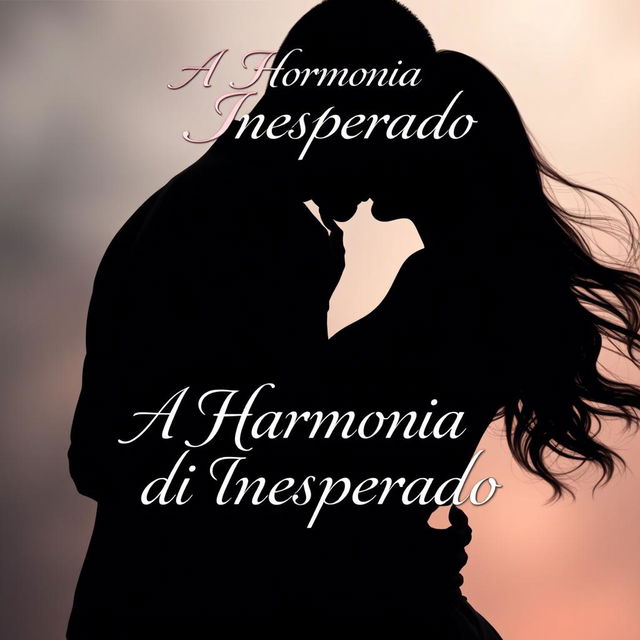 A book cover for the title 'A Harmonia do Inesperado', featuring a shadowy silhouette of a man and a woman embracing, almost kissing