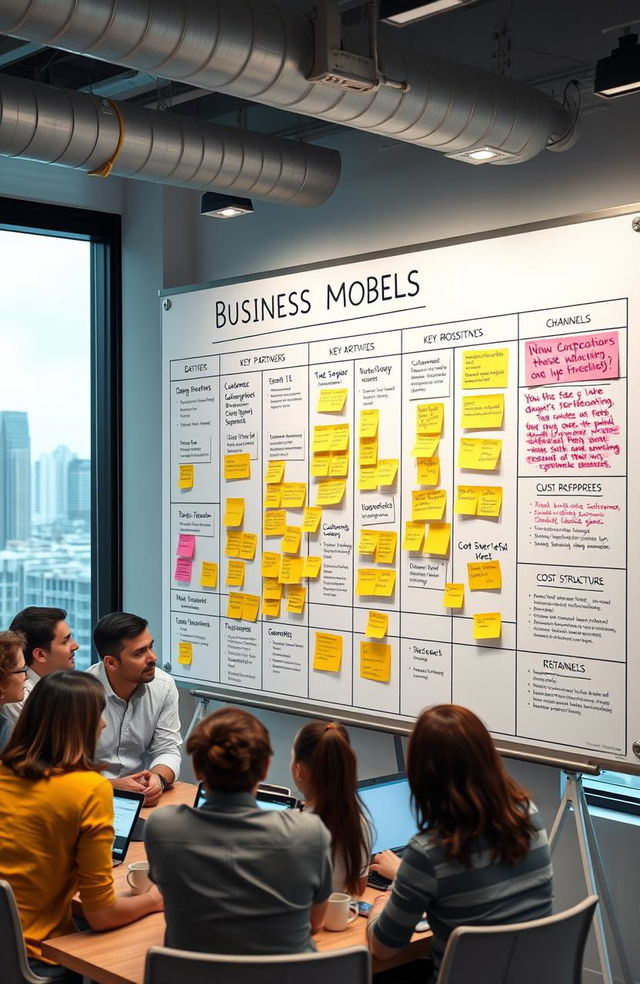 A visually appealing and informative business model canvas illustrated on a large whiteboard