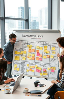 A visually appealing and informative business model canvas illustrated on a large whiteboard