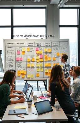 A visually appealing and informative business model canvas illustrated on a large whiteboard