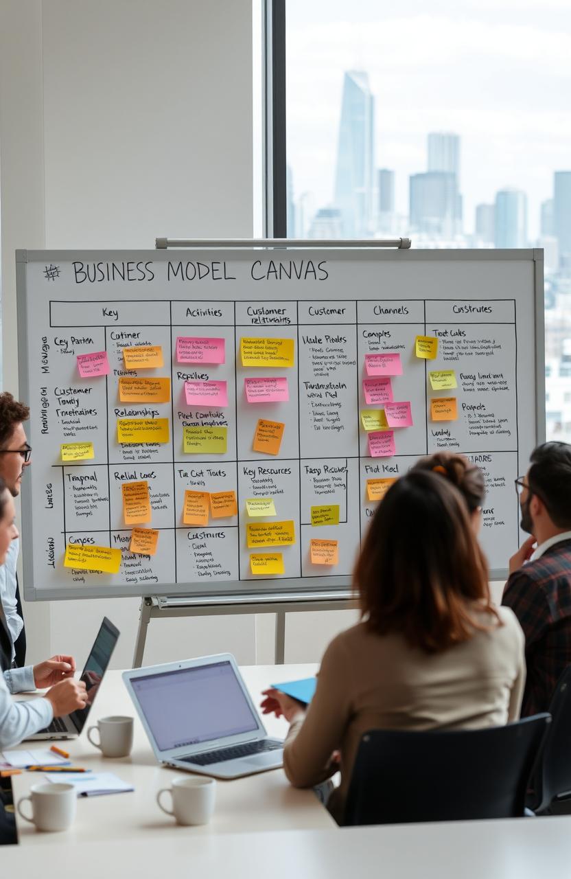 A visually appealing and informative business model canvas illustrated on a large whiteboard