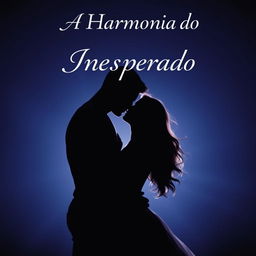 A book cover for 'A Harmonia do Inesperado', featuring a shadowy silhouette of a man and a woman embracing, almost kissing