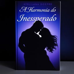 A book cover for 'A Harmonia do Inesperado', featuring a shadowy silhouette of a man and a woman embracing, almost kissing