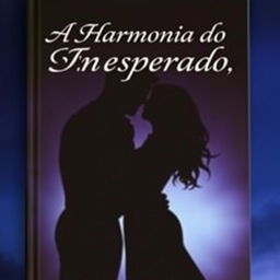 A book cover for 'A Harmonia do Inesperado', featuring a shadowy silhouette of a man and a woman embracing, almost kissing