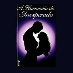 A book cover for 'A Harmonia do Inesperado', featuring a shadowy silhouette of a man and a woman embracing, almost kissing