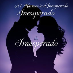 A book cover for 'A Harmonia do Inesperado', featuring the shadowy silhouettes of a man and a woman embracing, their faces close together as if about to kiss
