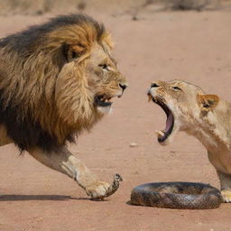 A dramatic face-off between a formidable lion and a slithering snake, ready to strike.