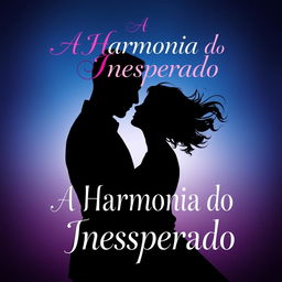 A book cover for 'A Harmonia do Inesperado', featuring the shadowy silhouettes of a man and a woman embracing, their faces close together as if about to kiss