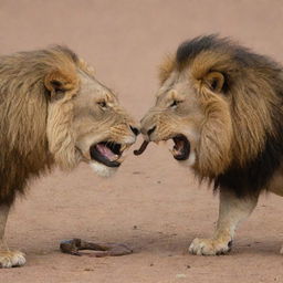 A dramatic face-off between a formidable lion and a slithering snake, ready to strike.