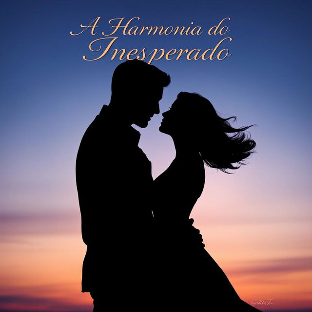 A book cover for 'A Harmonia do Inesperado', depicting a shadowy silhouette of a man and a woman embracing, their faces nearly touching as if about to kiss