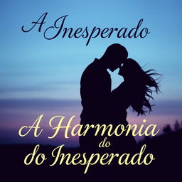 A book cover for 'A Harmonia do Inesperado', depicting a shadowy silhouette of a man and a woman embracing, their faces nearly touching as if about to kiss