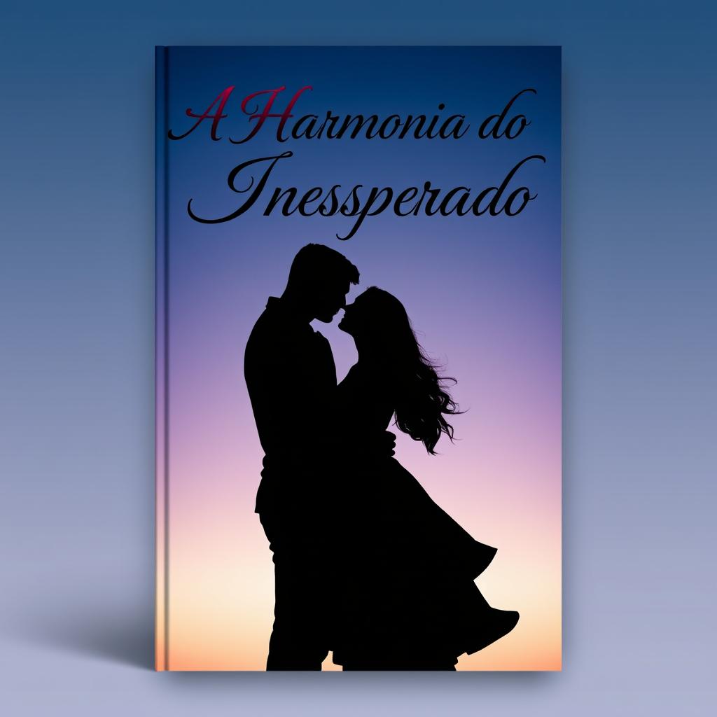 A book cover for 'A Harmonia do Inesperado', depicting a shadowy silhouette of a man and a woman embracing, their faces nearly touching as if about to kiss