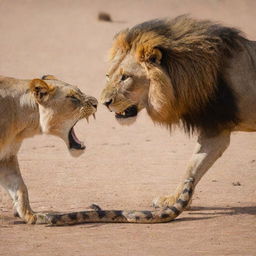 A dramatic face-off between a formidable lion and a slithering snake, ready to strike.