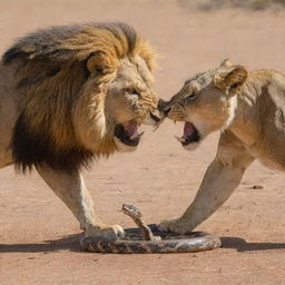 A dramatic face-off between a formidable lion and a slithering snake, ready to strike.