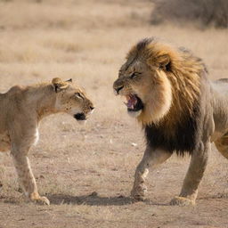 A vivid scene of a fierce confrontation between a mighty lion and a stealthy leopard.