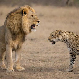 A vivid scene of a fierce confrontation between a mighty lion and a stealthy leopard.