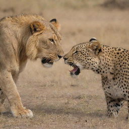 A vivid scene of a fierce confrontation between a mighty lion and a stealthy leopard.