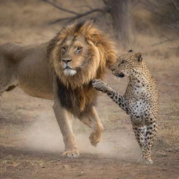 A vivid scene of a fierce confrontation between a mighty lion and a stealthy leopard.