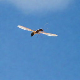 Imagine a world where ants have wings. A solitary flying ant against a sky, its wings catching the sun's rays.