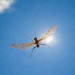 Imagine a world where ants have wings. A solitary flying ant against a sky, its wings catching the sun's rays.