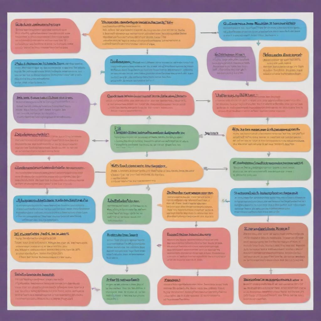 A colorful, schematic representation of an English language lesson, with key words, phrases, and grammar structures arranged in an intuitive and engaging diagram.