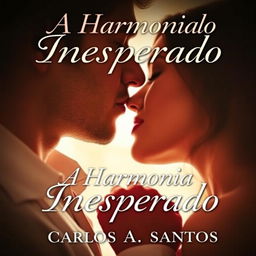 A book cover for a romance novel titled 'A Harmonia do Inesperado' in elegant, romantic font prominently displayed at the top