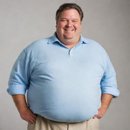 A cheerful, portly man with a sizable belly, wearing comfortable clothes and sporting a beaming smile.