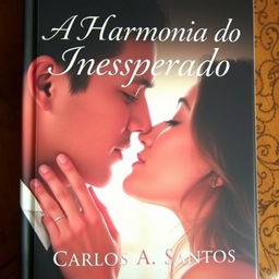 A book cover for a romance novel titled 'A Harmonia do Inesperado' in elegant, romantic font prominently displayed at the top