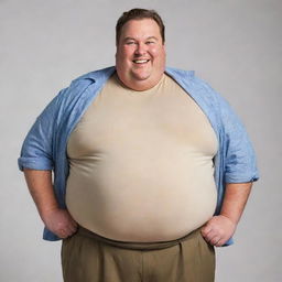 A cheerful, portly man with a sizable belly, wearing comfortable clothes and sporting a beaming smile.