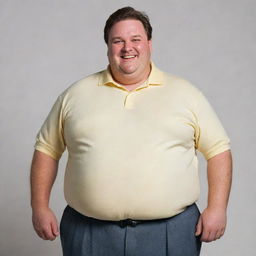 A cheerful, portly man with a sizable belly, wearing comfortable clothes and sporting a beaming smile.