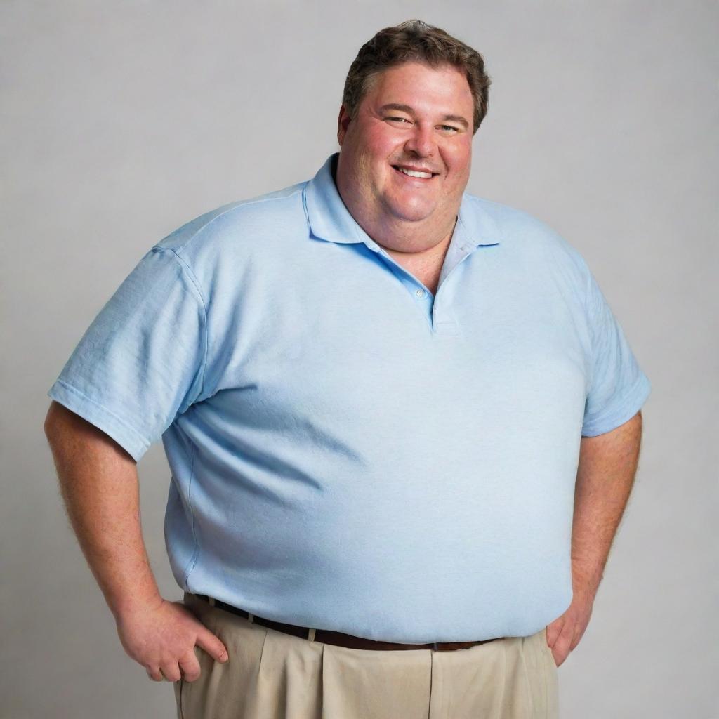 A cheerful, portly man with a sizable belly, wearing comfortable clothes and sporting a beaming smile.