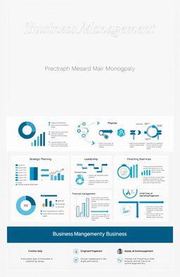 A detailed and visually engaging monograph on business management, featuring key concepts such as strategic planning, leadership, organizational behavior, financial management, and marketing strategies